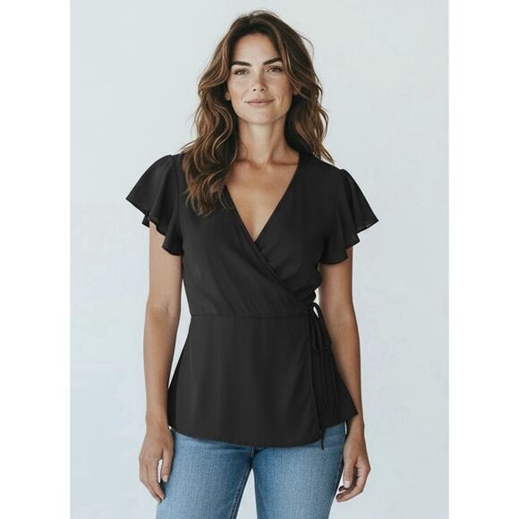 Women’s ModCloth XS Black Retro True Wrap Top Flutter Sleeves Blouse Ruffle NWT - Picture 1 of 5